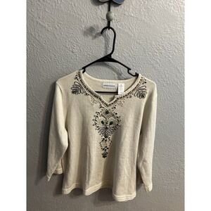 Alfred Dunner 3/4 Sleeve Tan  Top Womens Size Medium Embroidered Beaded V-Neck‎